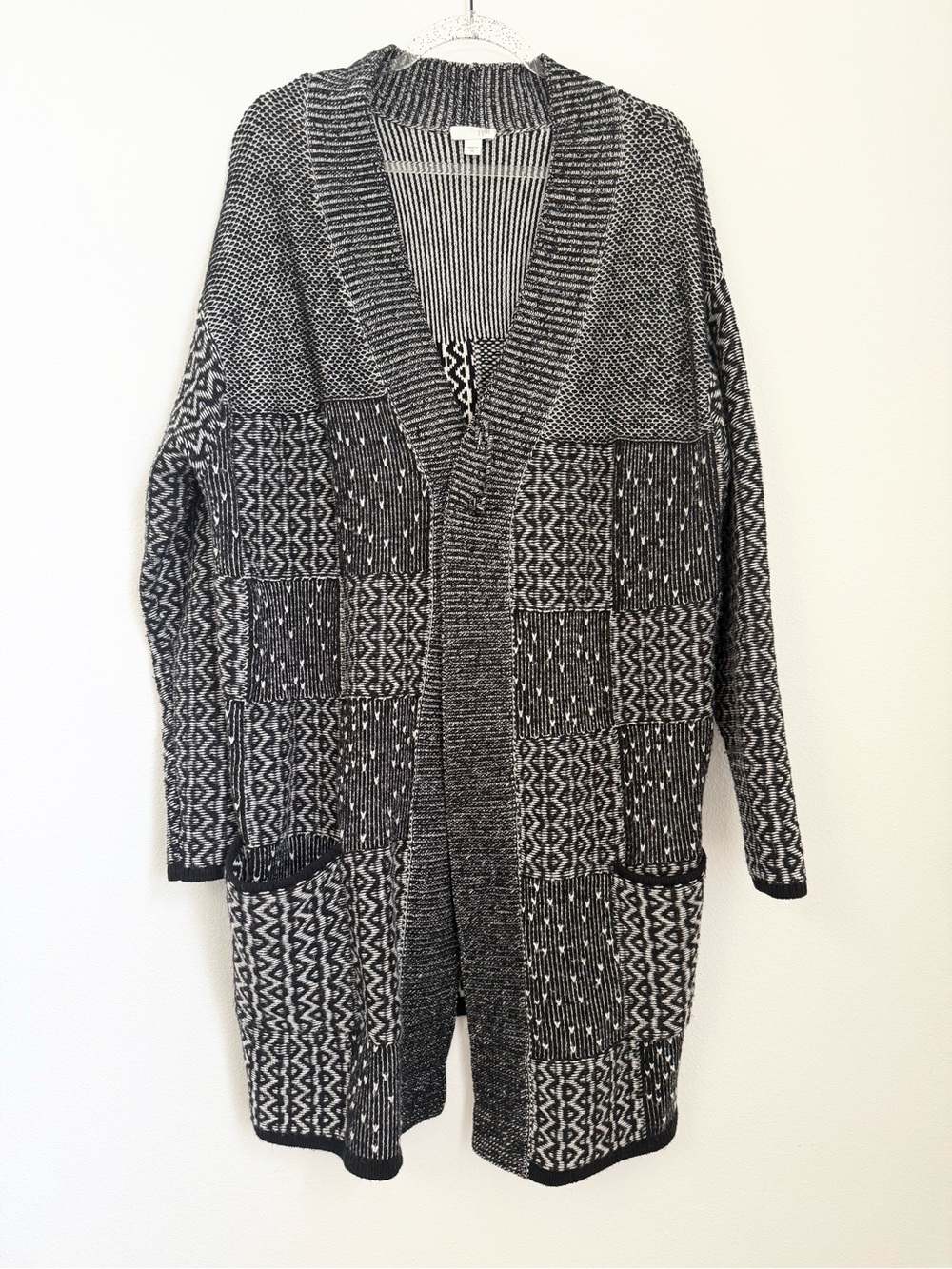 JJill Black & White Open Front Long Cardigan Sweater Jacket Size XL Wool Blend